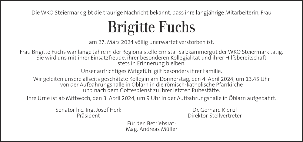  Traueranzeige für Brigitte Fuchs vom 30.03.2024 aus Kleine Zeitung