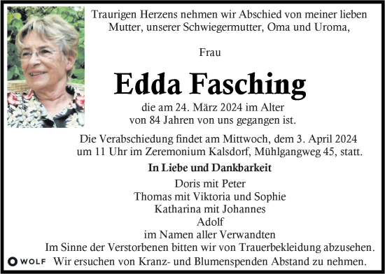 Traueranzeige von Edda Fasching von Kleine Zeitung