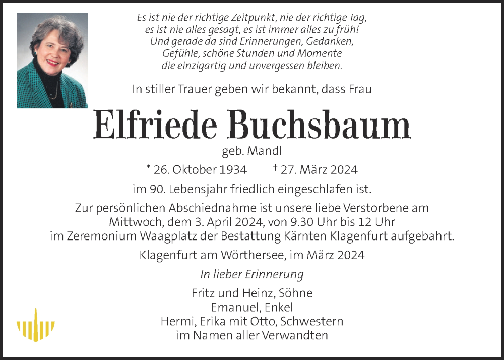 Traueranzeige für Elfriede Buchsbaum vom 29.03.2024 aus Kleine Zeitung