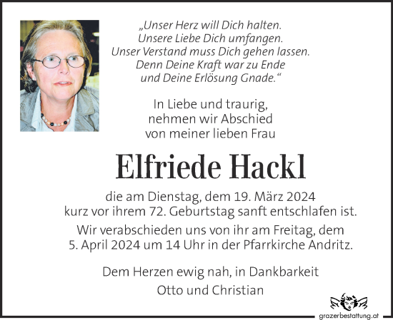 Traueranzeige von Elfriede Hackl von Kleine Zeitung