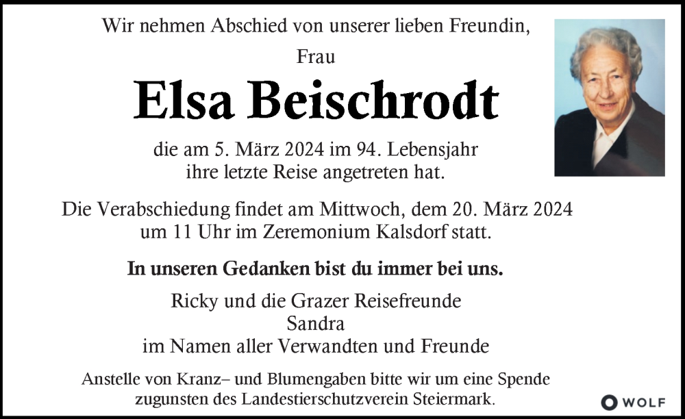  Traueranzeige für Elsa Beischrodt vom 15.03.2024 aus Kleine Zeitung