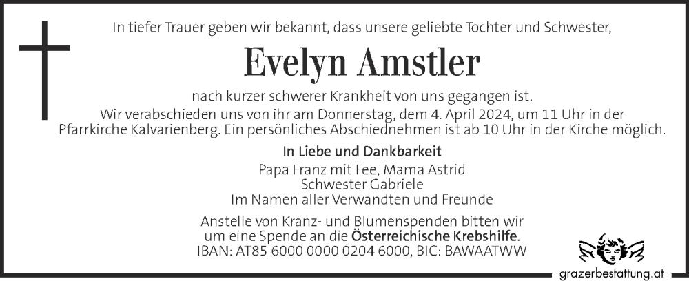  Traueranzeige für Evelyn Amstler vom 29.03.2024 aus Kleine Zeitung