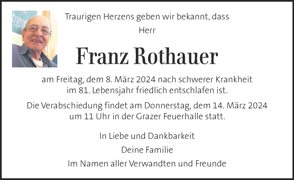  Traueranzeige für Franz Rothauer vom 13.03.2024 aus Kleine Zeitung