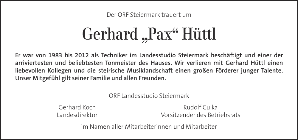  Traueranzeige für Gerhard Hüttl vom 06.03.2024 aus Kleine Zeitung