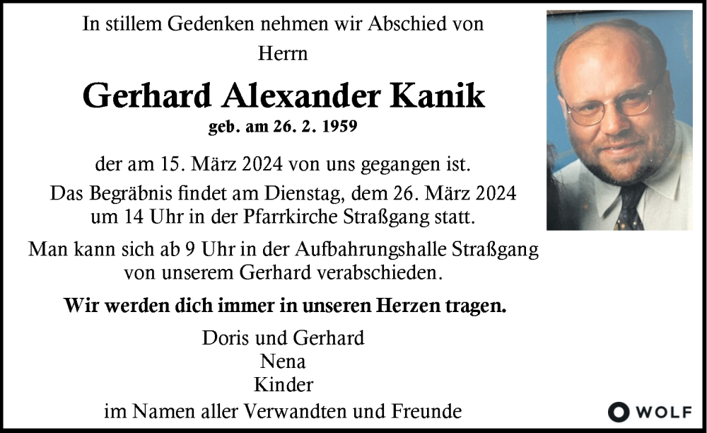  Traueranzeige für Gerhard Alexander Kanik vom 22.03.2024 aus Kleine Zeitung