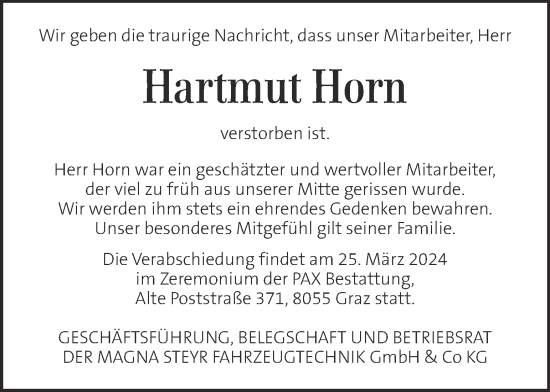 Traueranzeige von Hartmut Horn von Kleine Zeitung