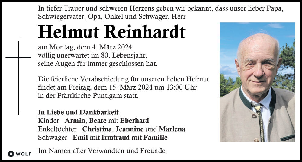  Traueranzeige für Helmut Reinhardt vom 09.03.2024 aus Kleine Zeitung
