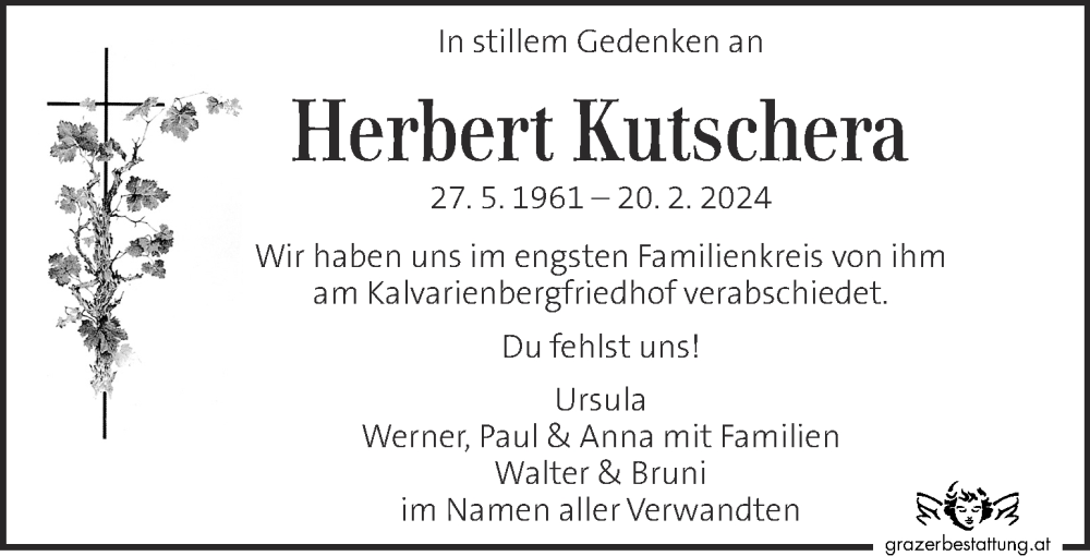  Traueranzeige für Herbert Kutschera vom 29.03.2024 aus Kleine Zeitung