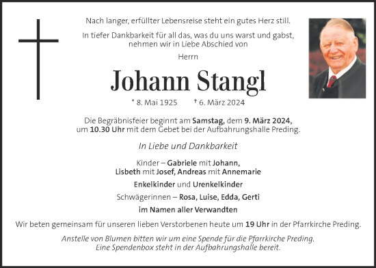 Traueranzeige von Johann Stangl von Kleine Zeitung