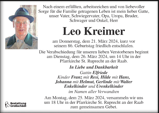 Traueranzeige von Leo Kreimer von Kleine Zeitung