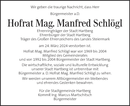 Traueranzeige von Manfred Schlögl von Kleine Zeitung
