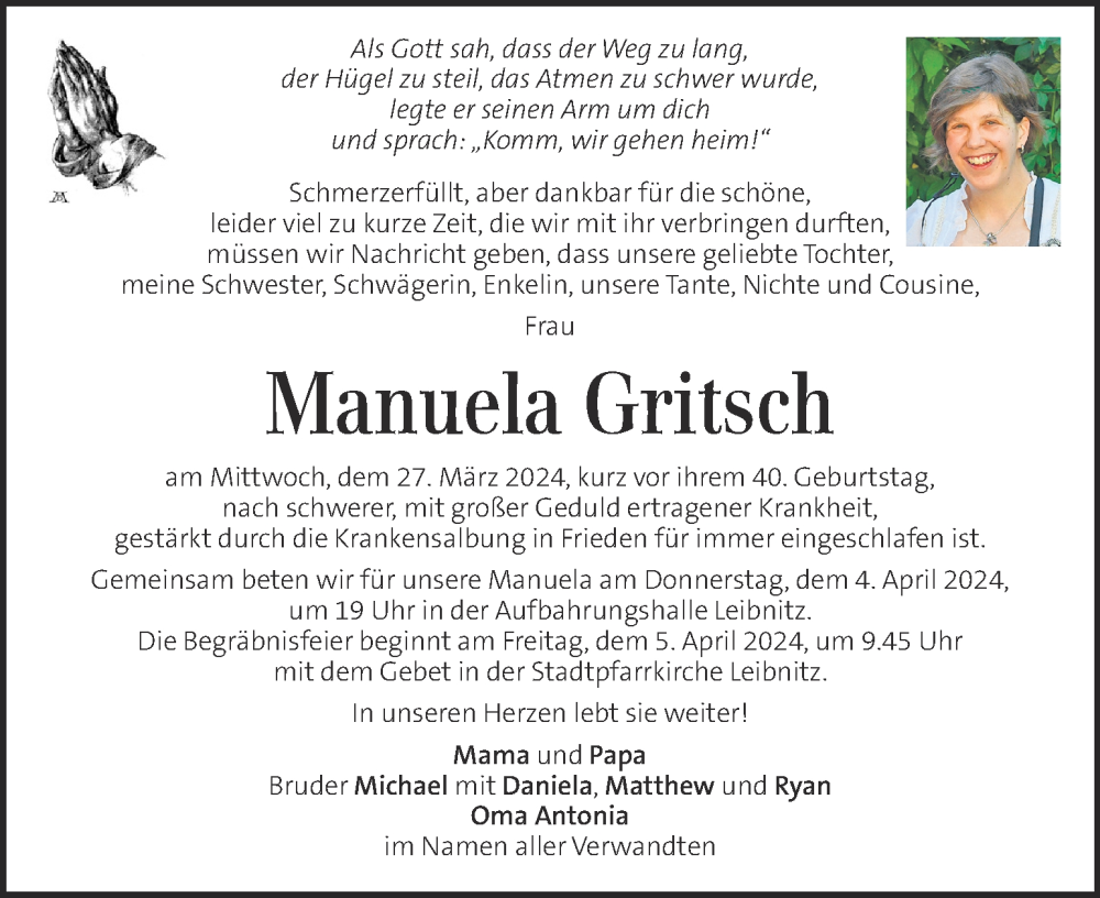  Traueranzeige für Manuela Gritsch vom 31.03.2024 aus Kleine Zeitung