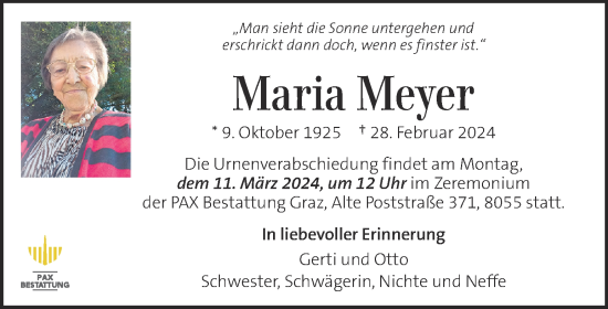 Traueranzeige von Maria Meyer von Kleine Zeitung