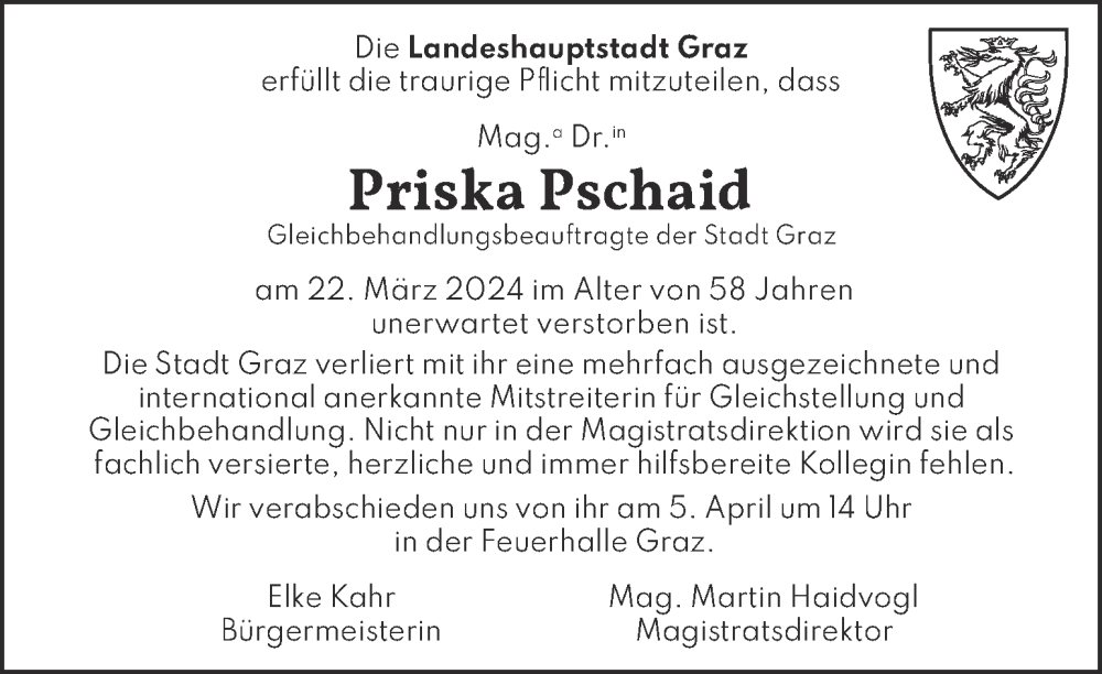  Traueranzeige für Priska Pschaid vom 31.03.2024 aus Kleine Zeitung