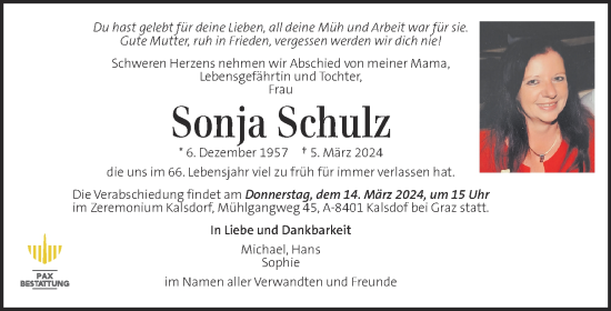 Traueranzeige von Sonja Schulz von Kleine Zeitung