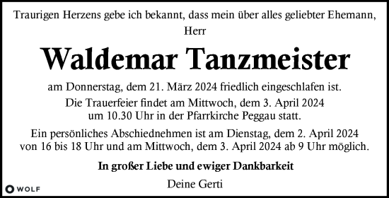 Traueranzeige von Waldemar Tanzmeister von Kleine Zeitung