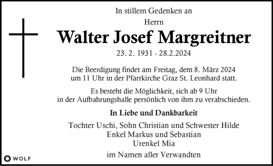 Traueranzeige von Walter Josef Margreitner von Kleine Zeitung