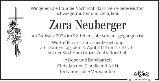 Traueranzeige von Zora Neuberger von Kleine Zeitung