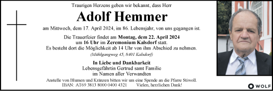 Traueranzeige von Adolf Hemmer von Kleine Zeitung