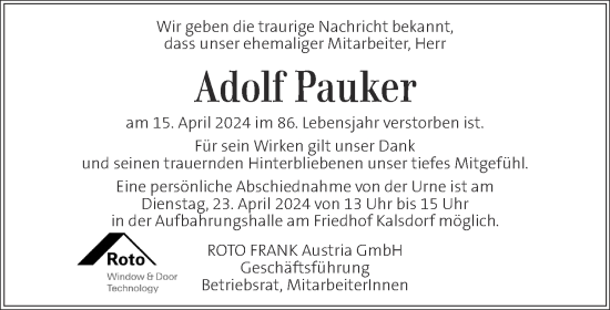 Traueranzeige von Adolf Pauker von Kleine Zeitung