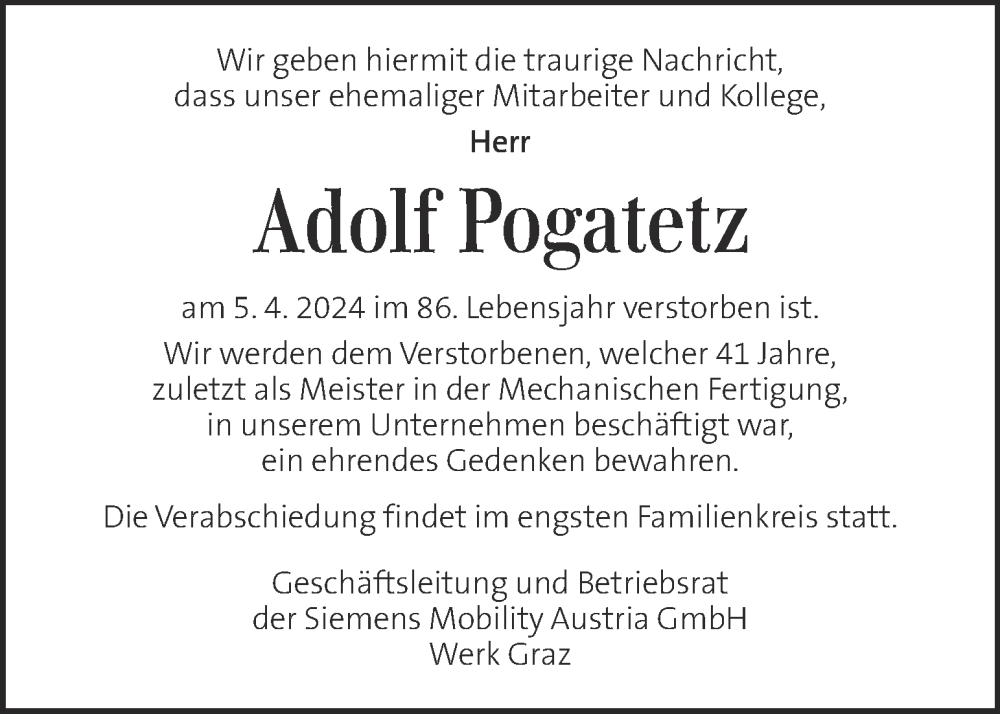  Traueranzeige für Adolf Pogatetz vom 11.04.2024 aus Kleine Zeitung