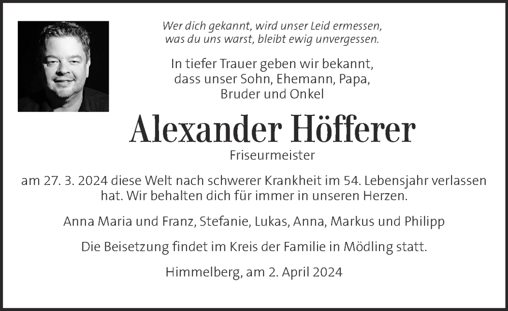  Traueranzeige für Alexander Höfferer vom 05.04.2024 aus Kleine Zeitung