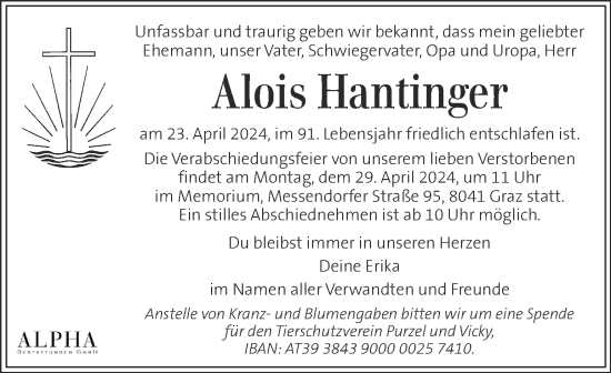Traueranzeige von Alois Hantinger von Kleine Zeitung
