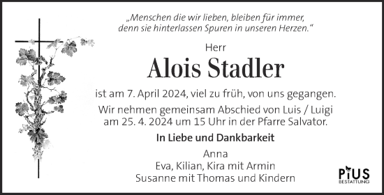Traueranzeige von Alois Stadler von Kleine Zeitung