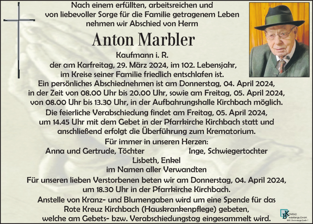 Traueranzeige für Anton Marbler vom 03.04.2024 aus Kleine Zeitung