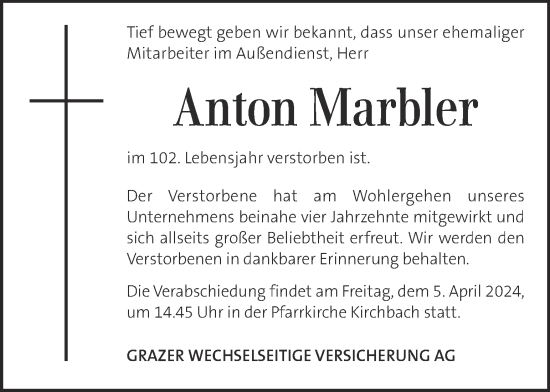 Traueranzeige von Anton Marbler von Kleine Zeitung