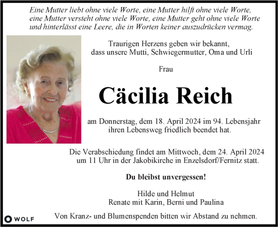 Traueranzeige von Cäcilia Reich von Kleine Zeitung