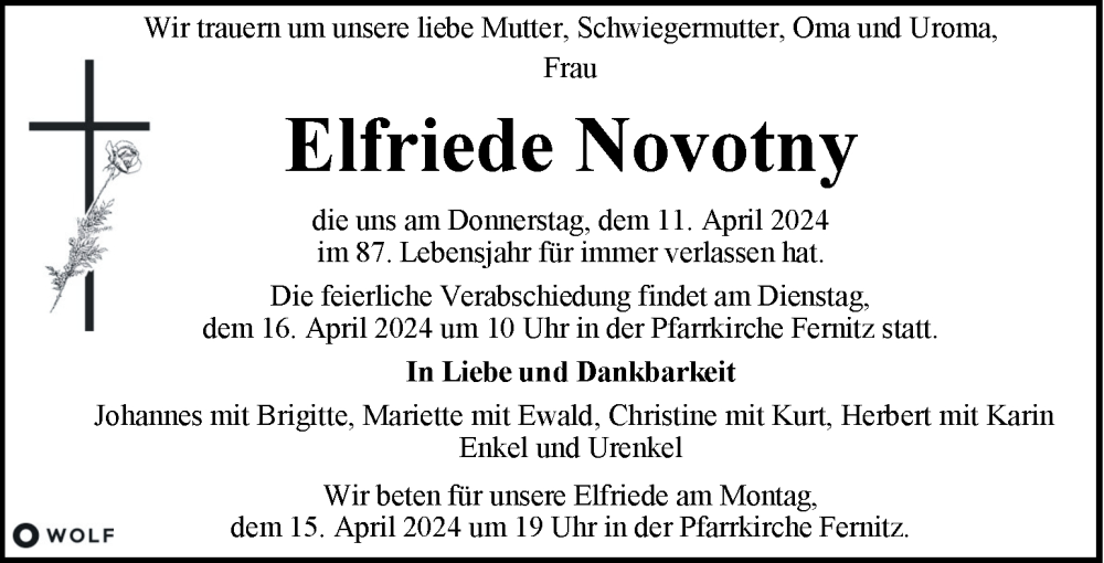  Traueranzeige für Elfriede Novotny vom 14.04.2024 aus Kleine Zeitung