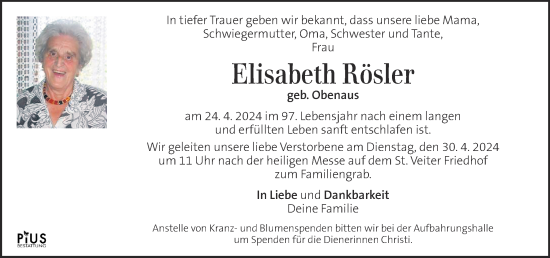 Traueranzeige von Elisabeth Rösler von Kleine Zeitung