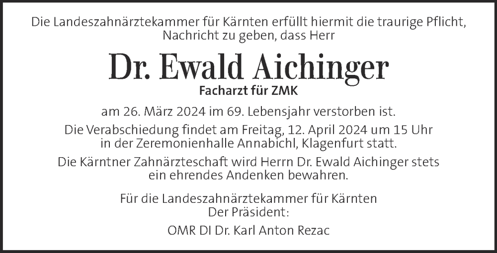  Traueranzeige für Ewald Aichinger vom 06.04.2024 aus Kleine Zeitung