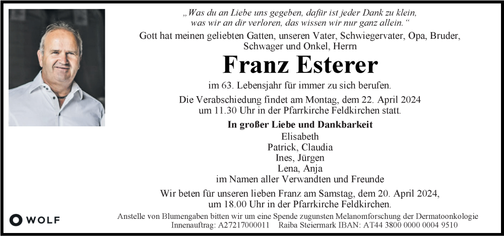  Traueranzeige für Franz Esterer vom 18.04.2024 aus Kleine Zeitung