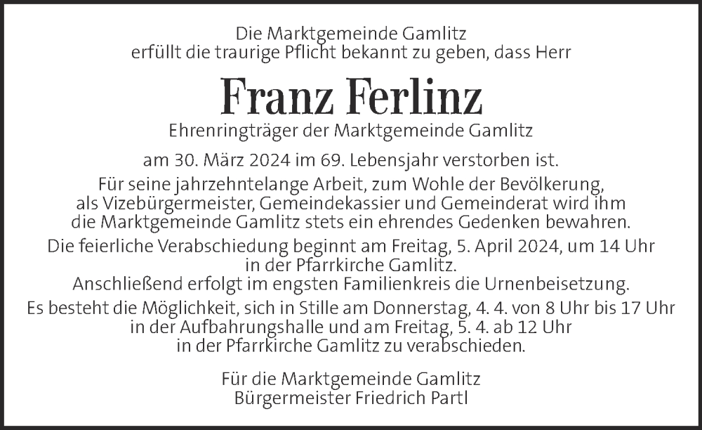  Traueranzeige für Franz Ferlinz vom 03.04.2024 aus Kleine Zeitung