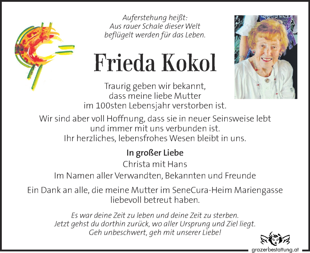  Traueranzeige für Frieda Kokol vom 05.04.2024 aus Kleine Zeitung