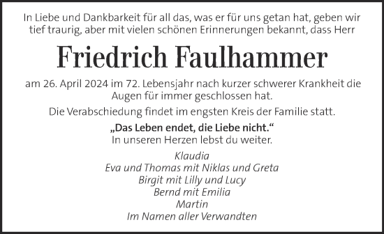 Traueranzeige von Friedrich Faulhammer von Kleine Zeitung