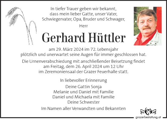Traueranzeige von Gerhard Hüttler von Kleine Zeitung