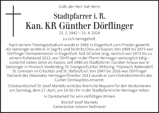 Traueranzeige von Günther Dörflinger von Kleine Zeitung