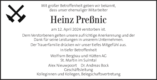 Traueranzeige von Heinz Preßnic von Kleine Zeitung