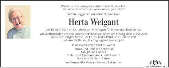 Traueranzeige von Herta Weigant von Kleine Zeitung