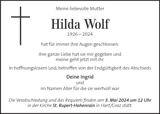 Traueranzeige von Hilda Wolf von Kleine Zeitung