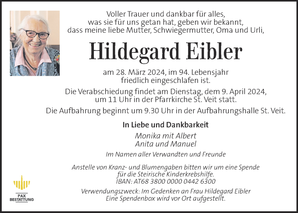  Traueranzeige für Hildegard Eibler  vom 05.04.2024 aus Kleine Zeitung