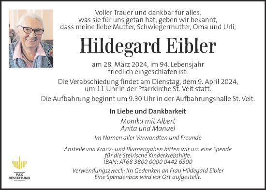 Traueranzeige von Hildegard Eibler  von Kleine Zeitung