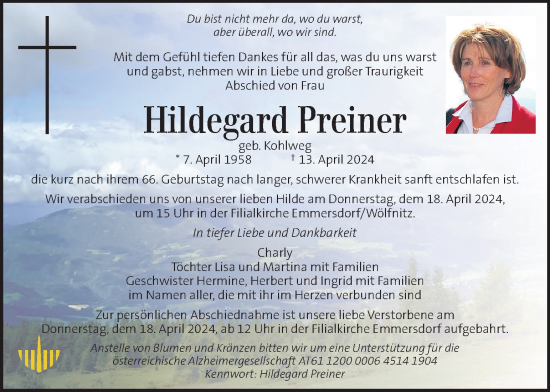 Traueranzeige von Hildegard Preiner von Kleine Zeitung