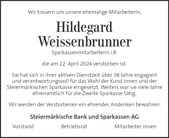 Traueranzeige von Hildegard Weissenbrunner von Kleine Zeitung