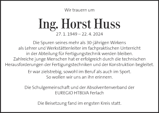 Traueranzeige von Horst Huss von Kleine Zeitung