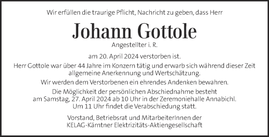 Traueranzeige von Johann Gottole von Kleine Zeitung