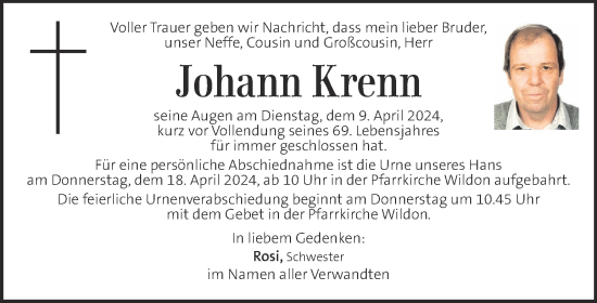Traueranzeige von Johann Krenn von Kleine Zeitung